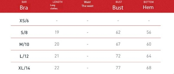 Yoga Bra size reference