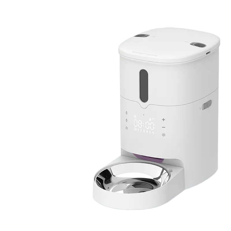 Intelligent automatic pet feeder with timer and button control.