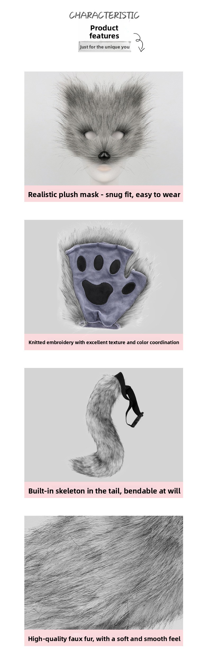 Halloween Plush Animal Cosplay Mask, Gloves and Tail Accessories - product details