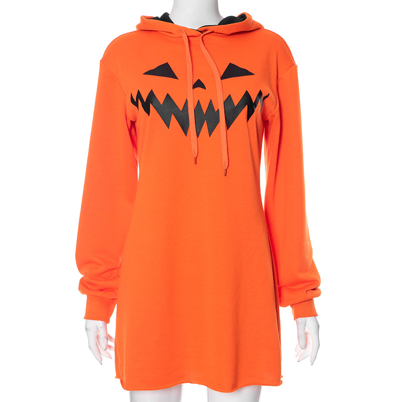 Halloween Pumpkin Print Hooded Dress - product details