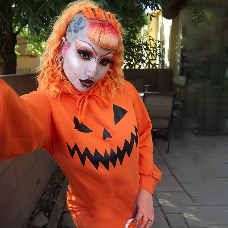 Halloween Pumpkin Print Hooded Dress - product details