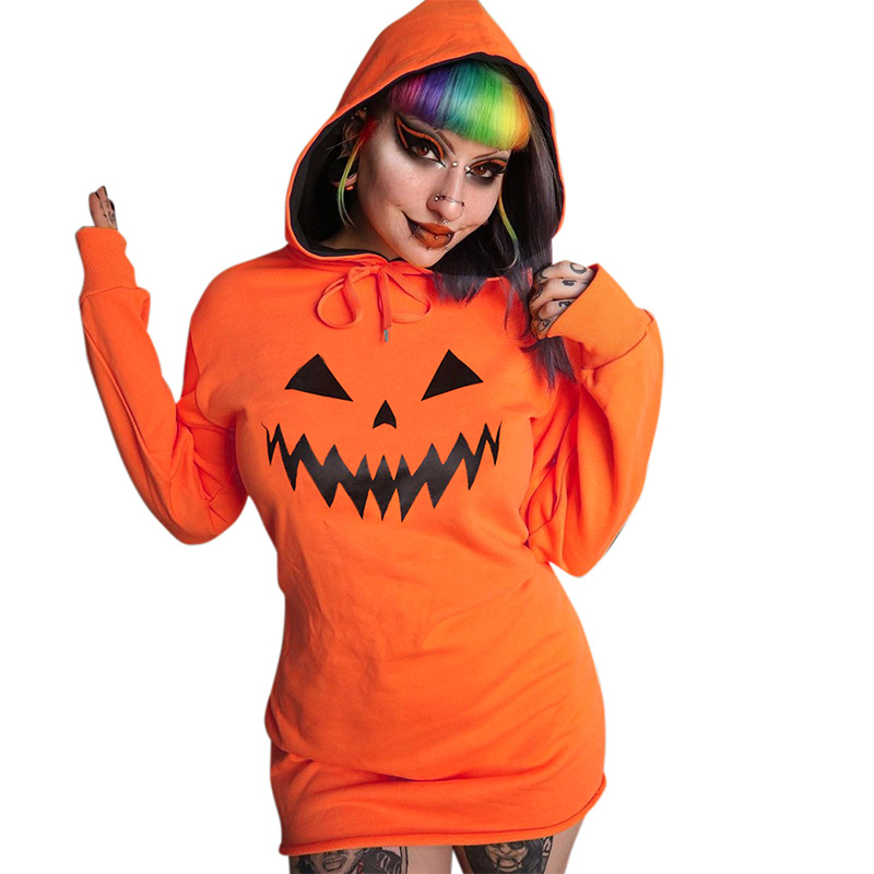 Halloween Pumpkin Print Hooded Dress - product details