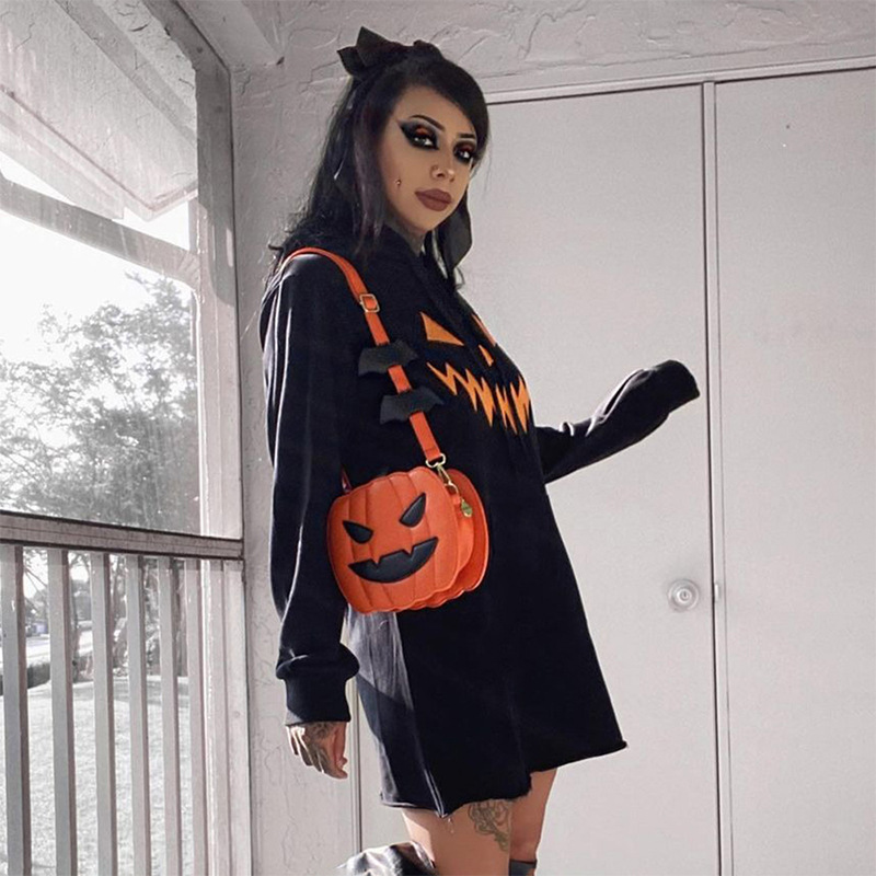 Halloween Pumpkin Print Hooded Dress - product details