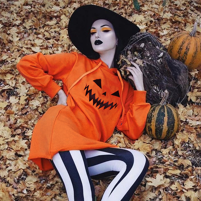 Halloween Pumpkin Print Hooded Dress - product details