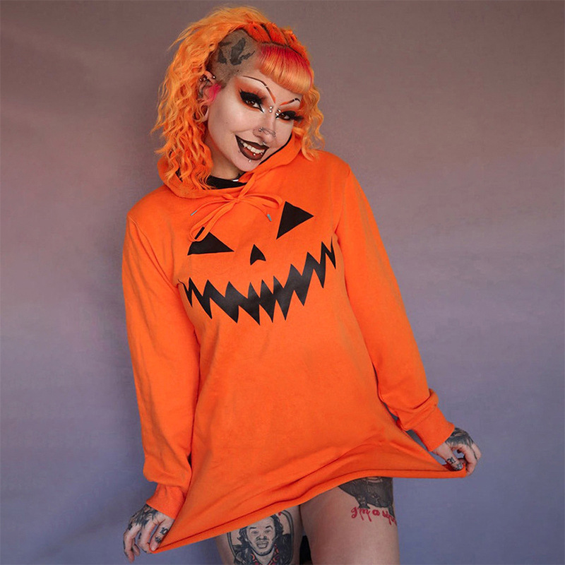 Halloween Pumpkin Print Hooded Dress - product details
