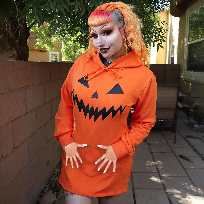 Halloween Pumpkin Print Hooded Dress - product details