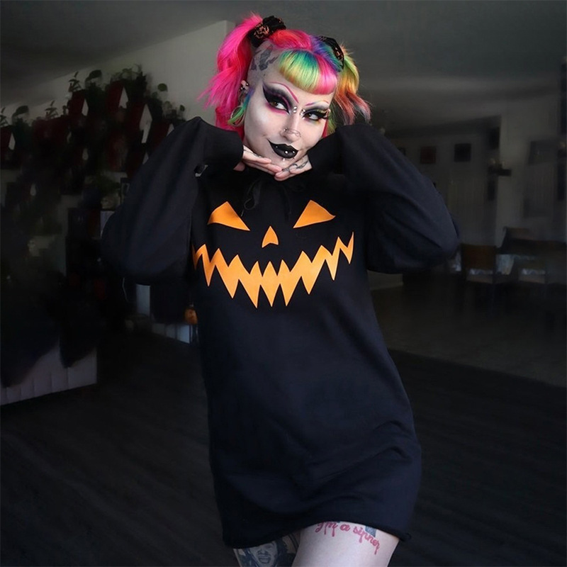 Halloween Pumpkin Print Hooded Dress - product details