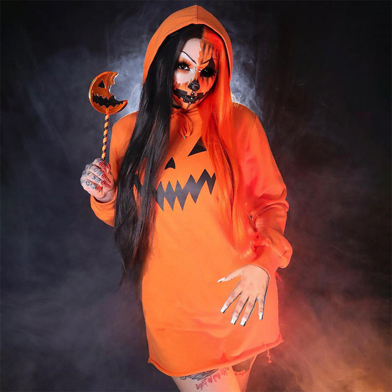 Halloween Pumpkin Print Hooded Dress - product details