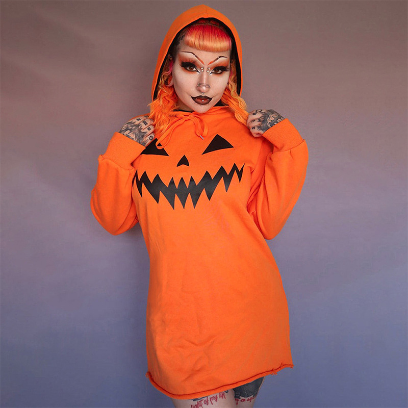 Halloween Pumpkin Print Hooded Dress - product details