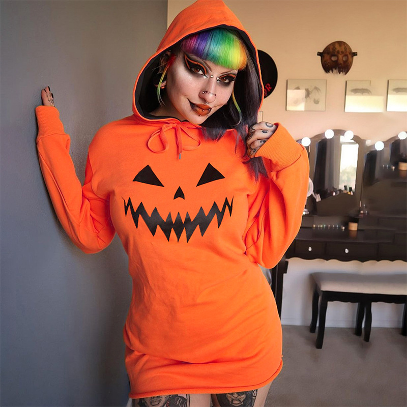 Halloween Pumpkin Print Hooded Dress - product details