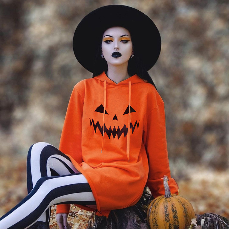 Halloween Pumpkin Print Hooded Dress - product details