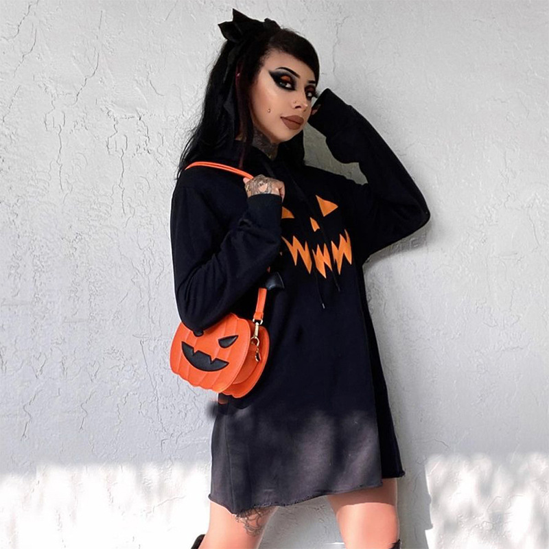 Halloween Pumpkin Print Hooded Dress - product details
