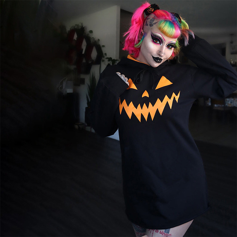 Halloween Pumpkin Print Hooded Dress - product details