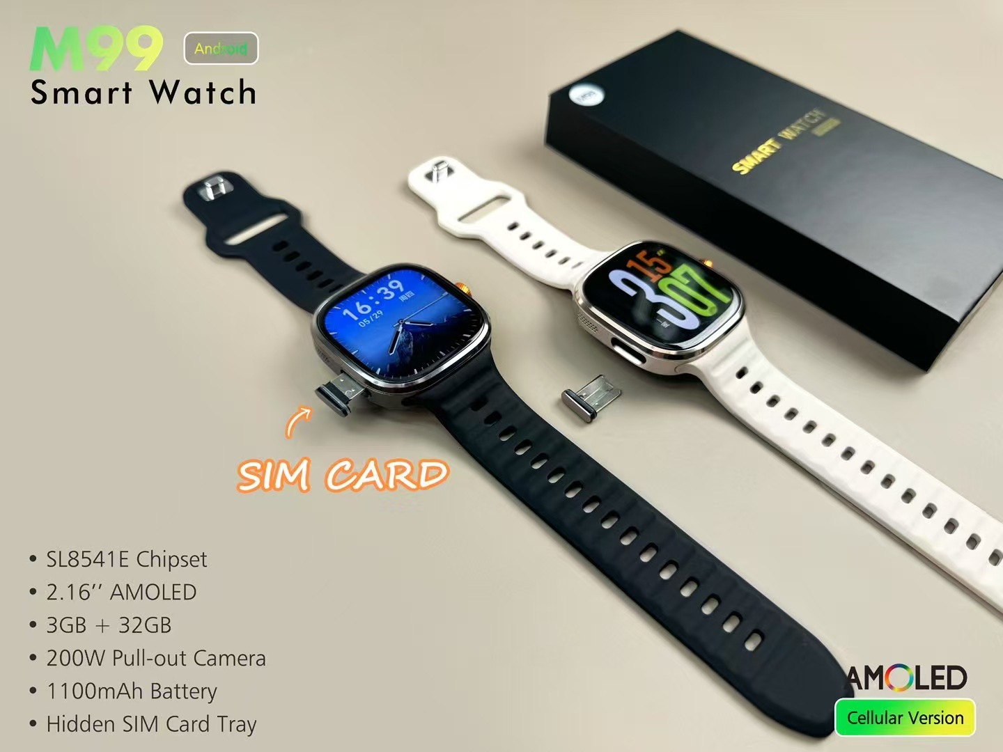 5G Smart Watch M99 HD Screen Heart Rate Monitor Cellular Sim Card all Netcom