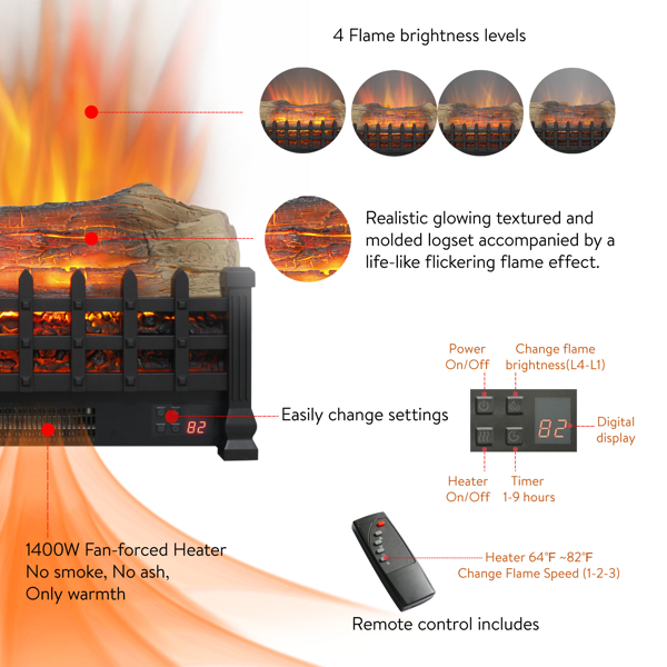 20 英寸电壁炉 3D 壁炉插件，独立式壁炉加热器，适用于室内-23