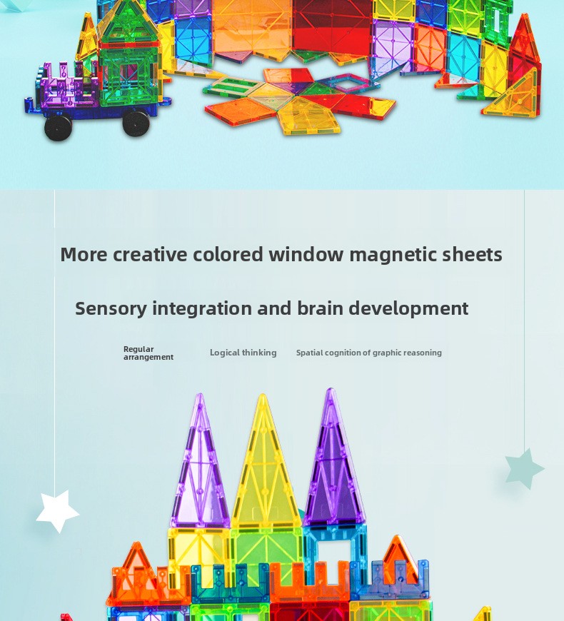 Magnetic building set with geometric colour window pieces