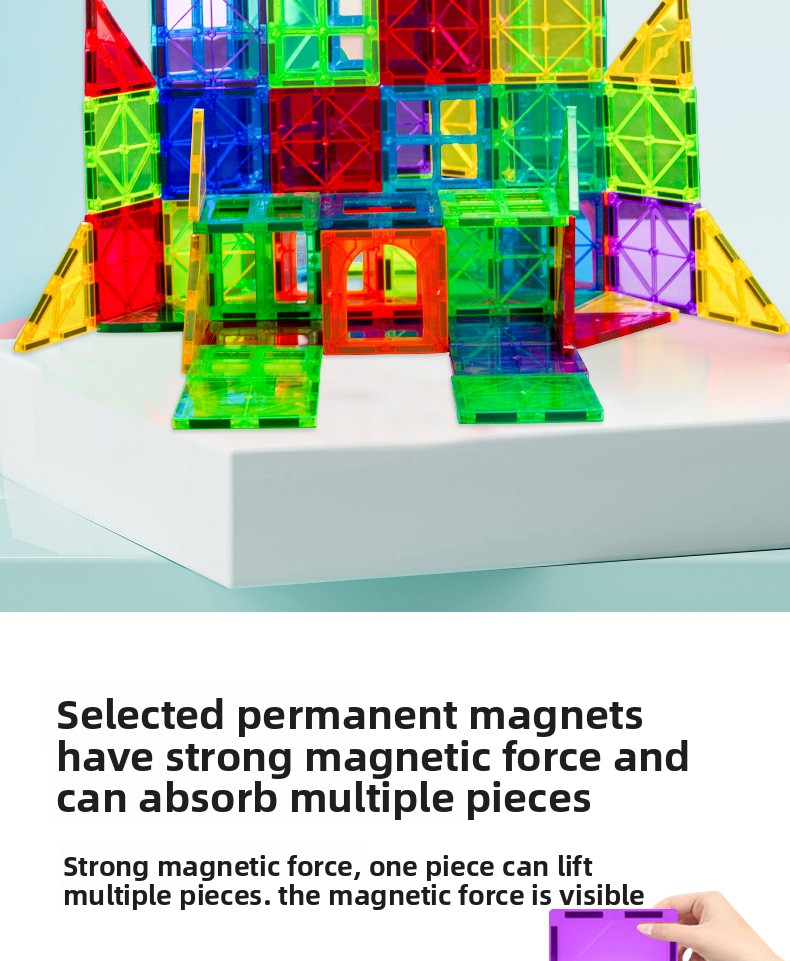 Large magnetic tile construction set for castles and vehicles