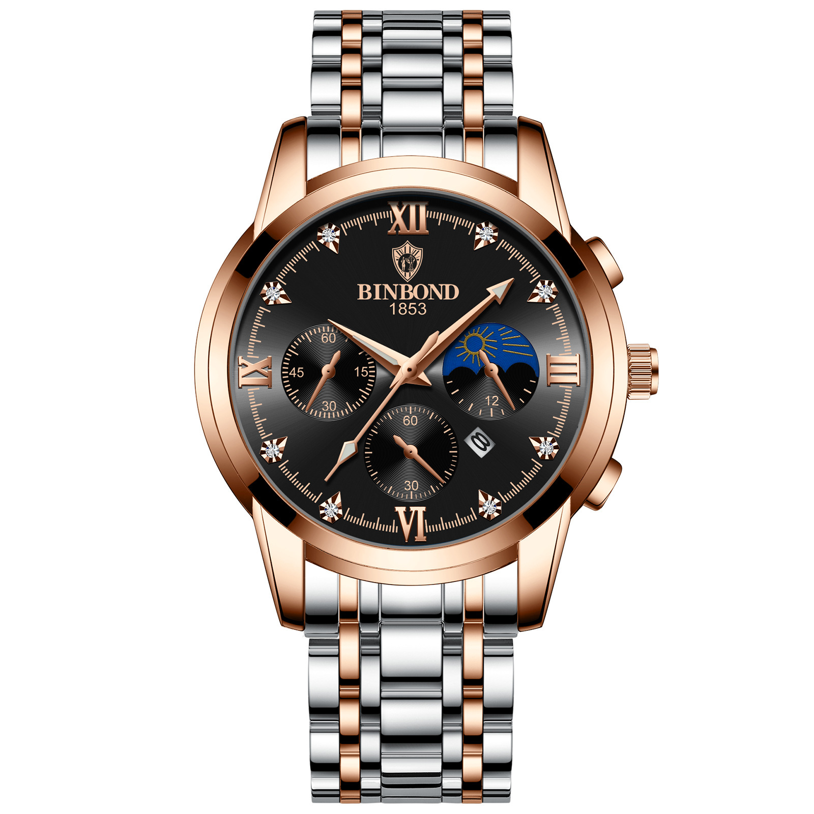 BINBOND Men’s Quartz Watch 43mm Luminous Date Leather Stainless Steel Wristwatch