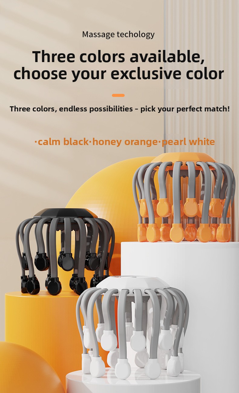 Electric scalp massager displayed in three color options: Calm Black, Honey Orange, and Pearl White.