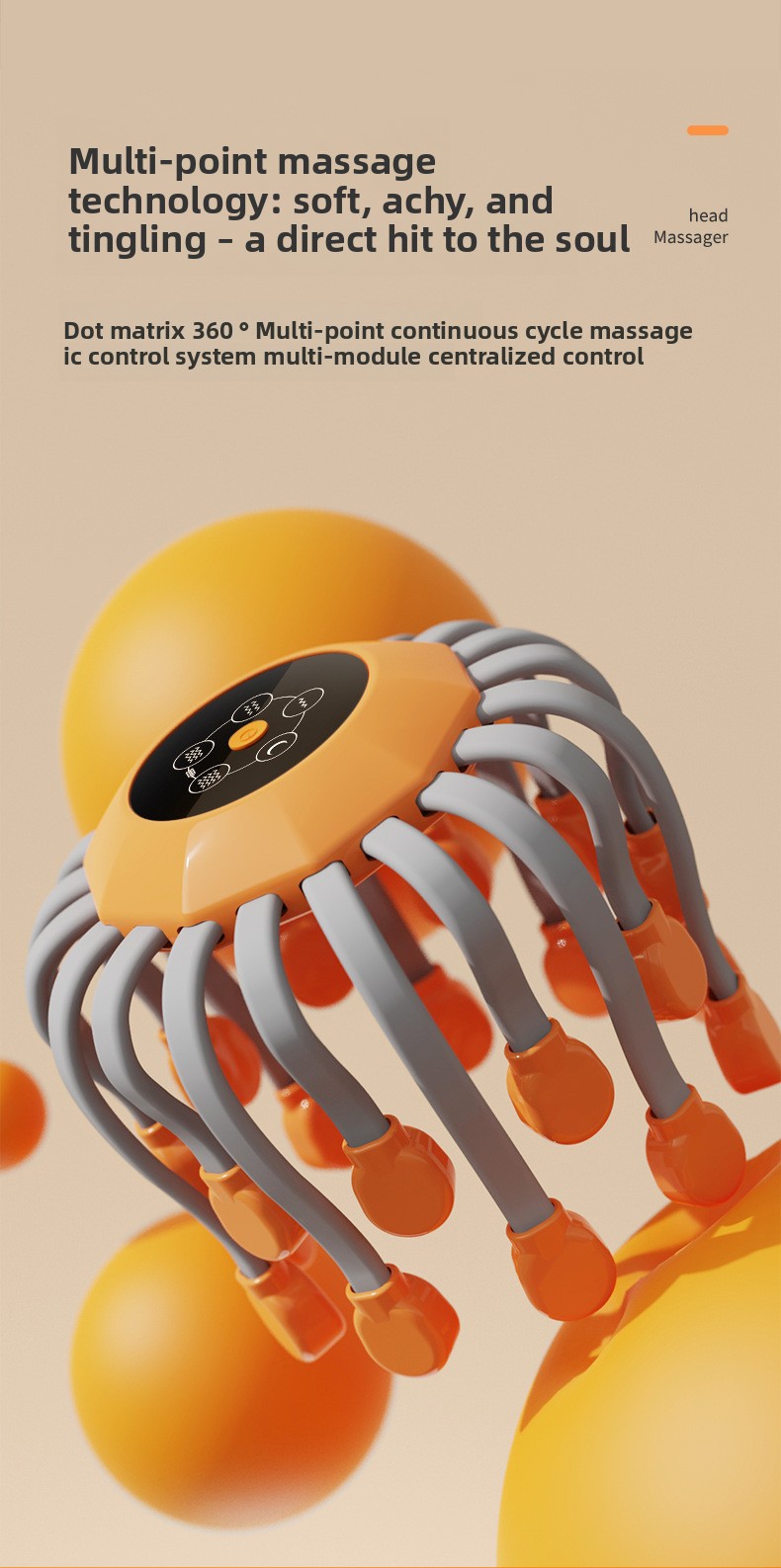 Close-up of a multi-point smart electric head massager illustrating its centralized control system and 360-degree dot matrix massage technology.