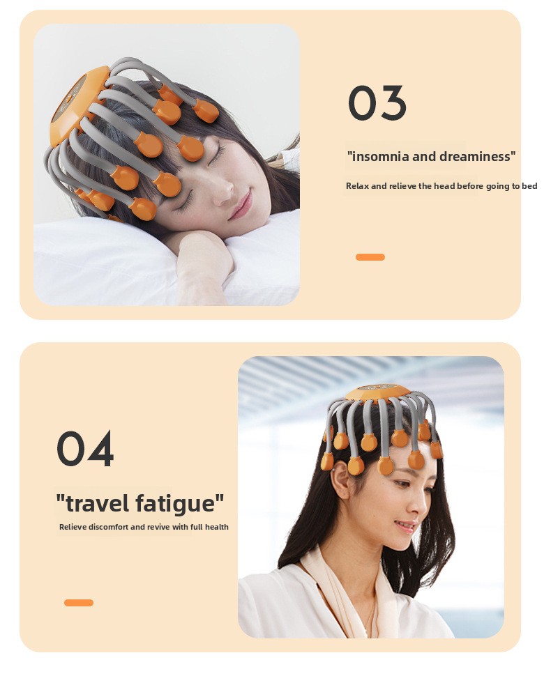 Infographic showing an electric scalp massager used as a sleep aid for insomnia and for travel fatigue relief.