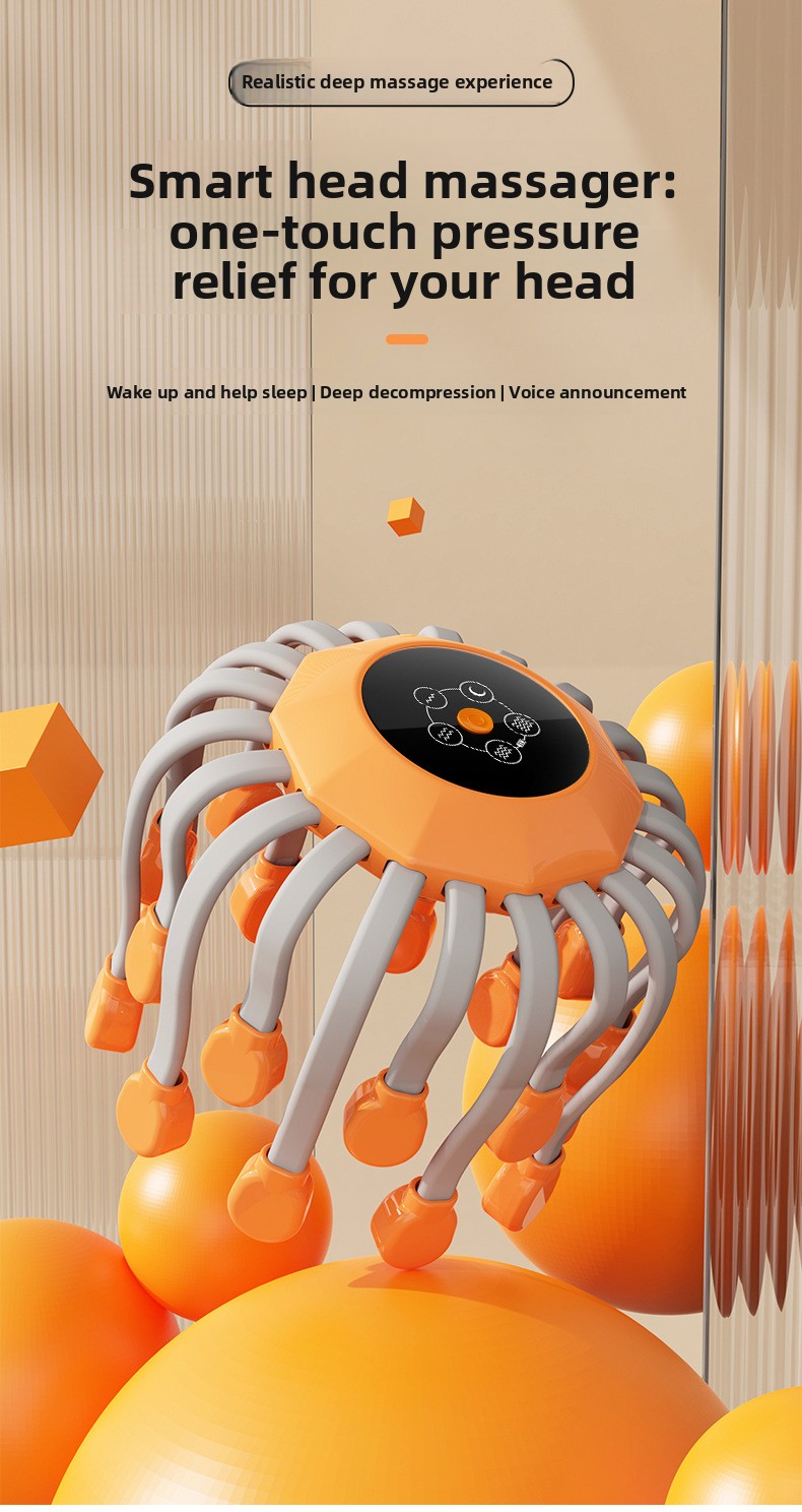 Product graphic for a smart electric head massager featuring multi-node claw arms, voice prompts, and deep scalp decompression modes.