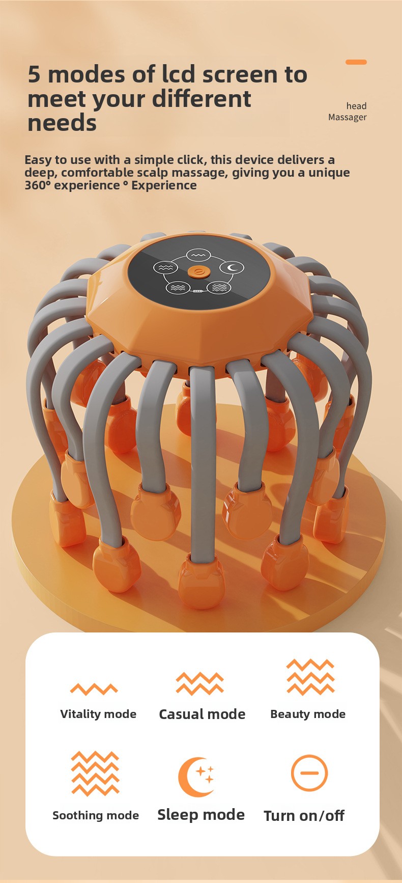 Infographic showcasing the top LCD control panel and 5 distinct vibration modes of a smart electric scalp massager.