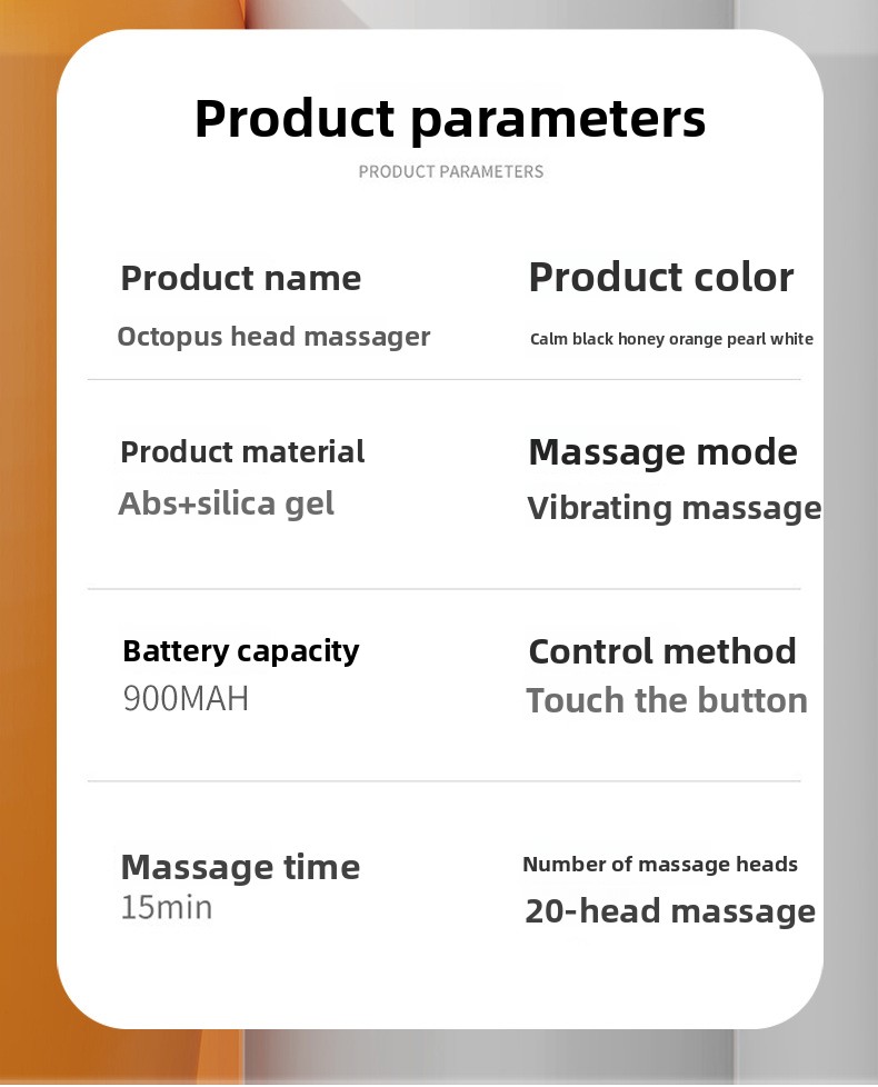 Detailed specifications chart showing battery capacity, ABS silica gel material, and vibrating massage settings for 20-claw electric head massager.
