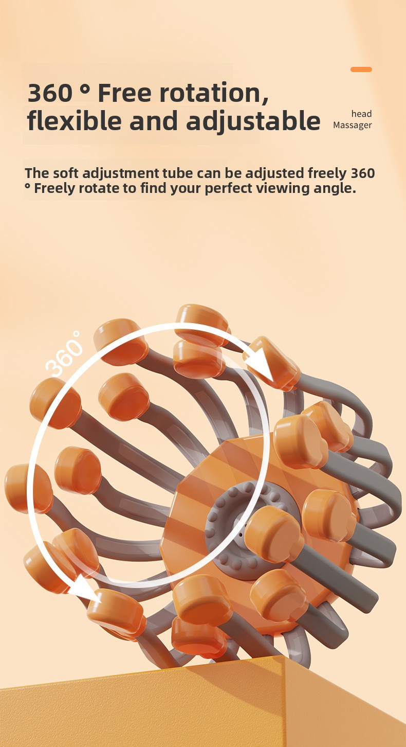 Product graphic illustrating the 360-degree rotation and flexible adjustment of the soft massage claws on an electric scalp massager.
