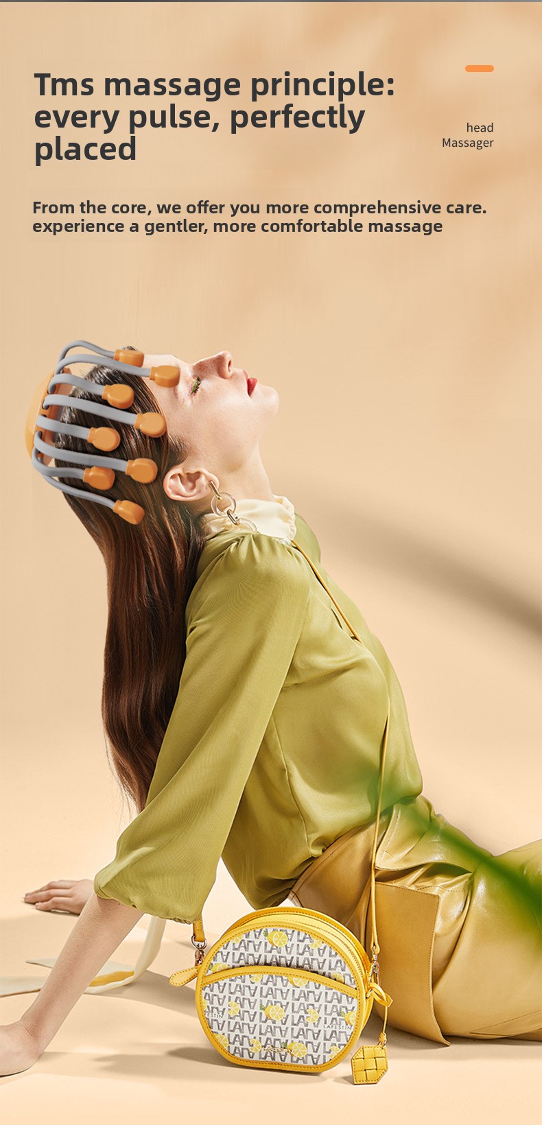 Lifestyle graphic showing a woman relaxing with a TMS pulse principle smart head massager for targeted stress relief.