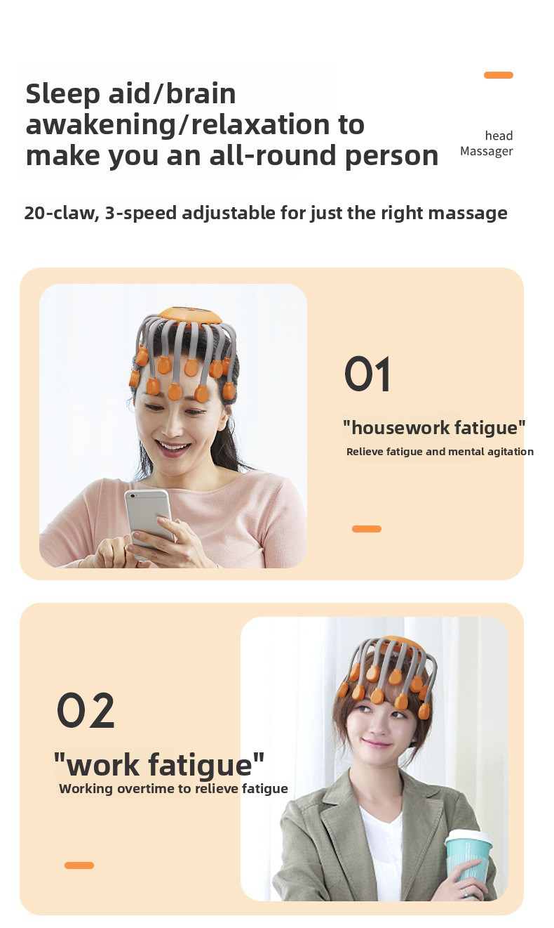 E-commerce banner demonstrating a 20-claw 3-speed electric head massager relieving mental fatigue during housework and office work.