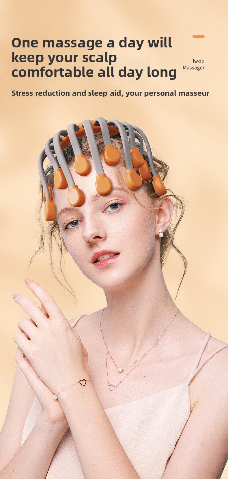 Young woman wearing a multi-claw electric head massager designed for stress reduction, sleep assistance, and scalp comfort.