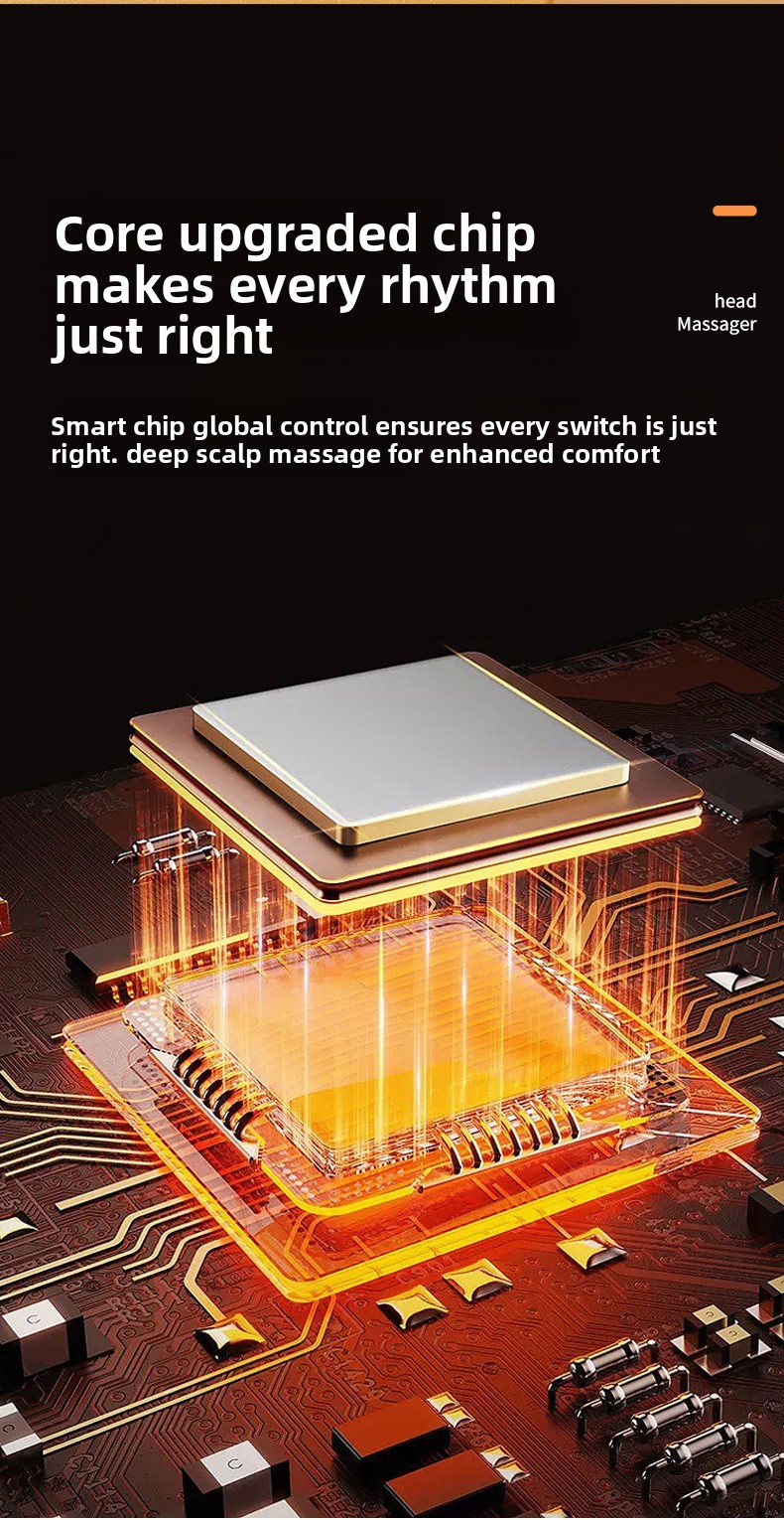 Infographic displaying the core upgraded microchip technology that controls vibration rhythms for deep scalp massage.