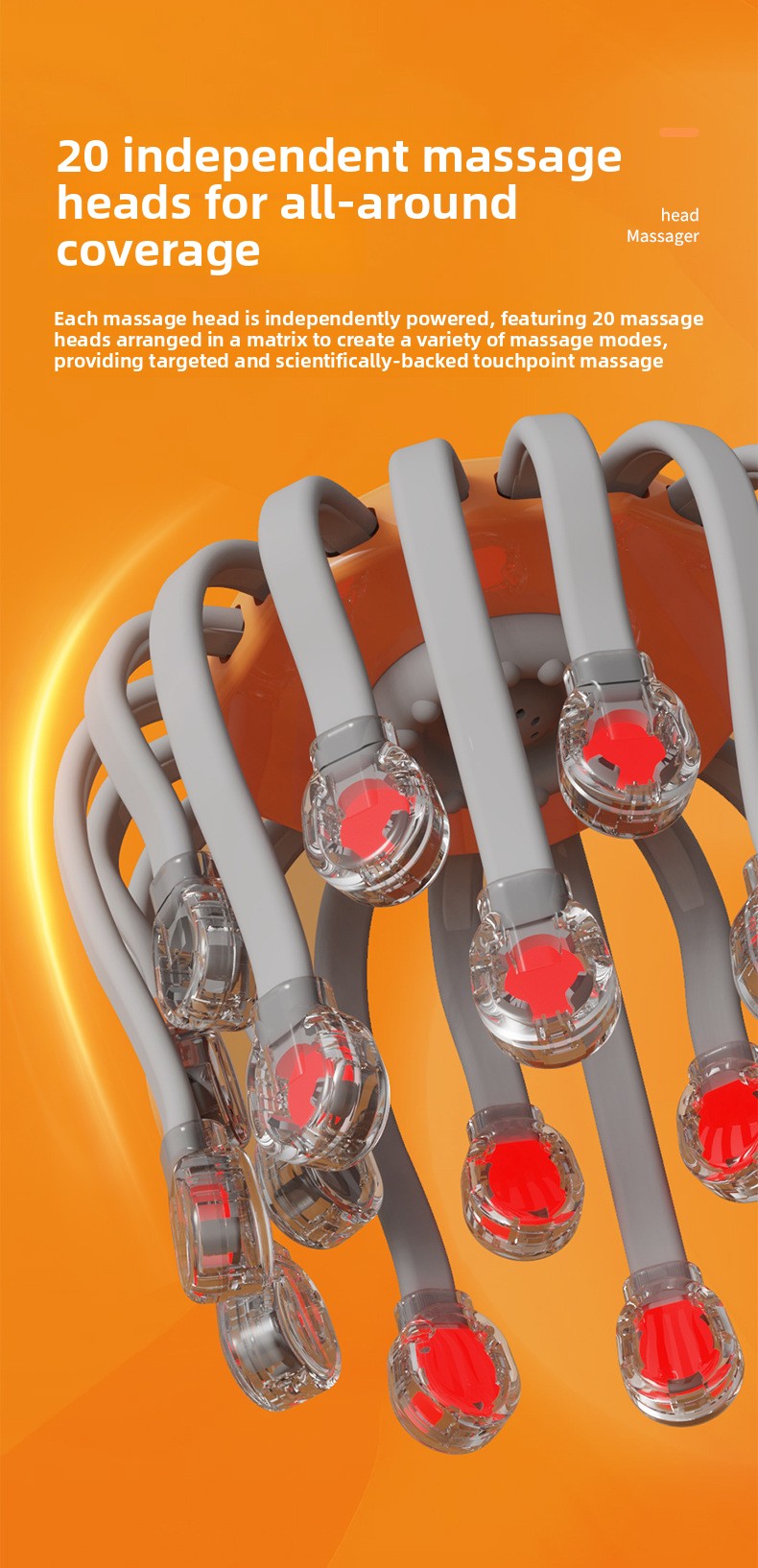 Infographic displaying 20 independently powered massage heads with red touchpoints on a smart electric scalp massager for targeted stress relief.