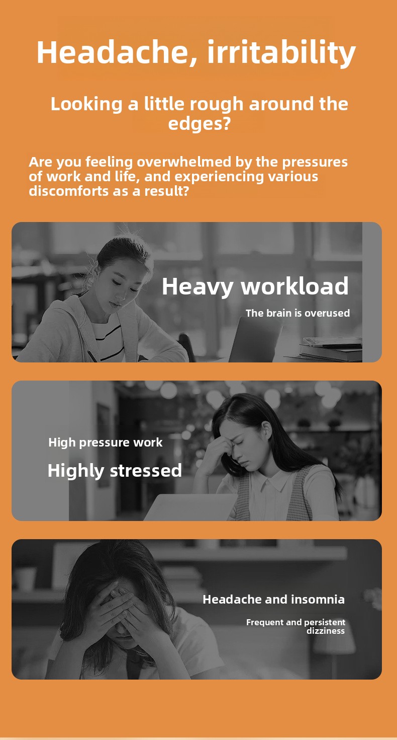 Problem-solution infographic showing stressed workers suffering from heavy workloads, headaches, irritability, and insomnia.