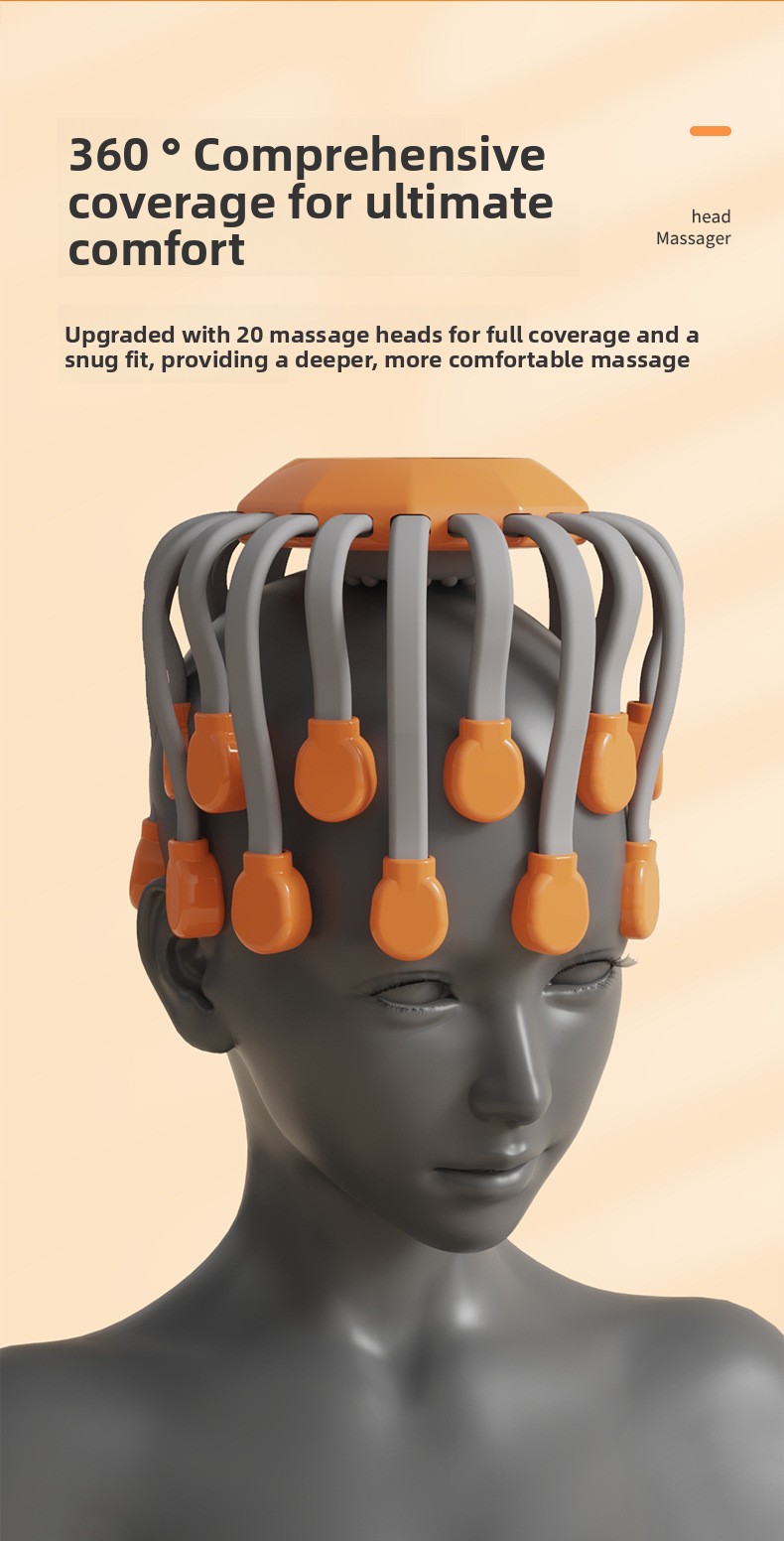 Graphic showing 360-degree full scalp coverage and snug fit of an electric head massager with 20 upgraded massage heads.