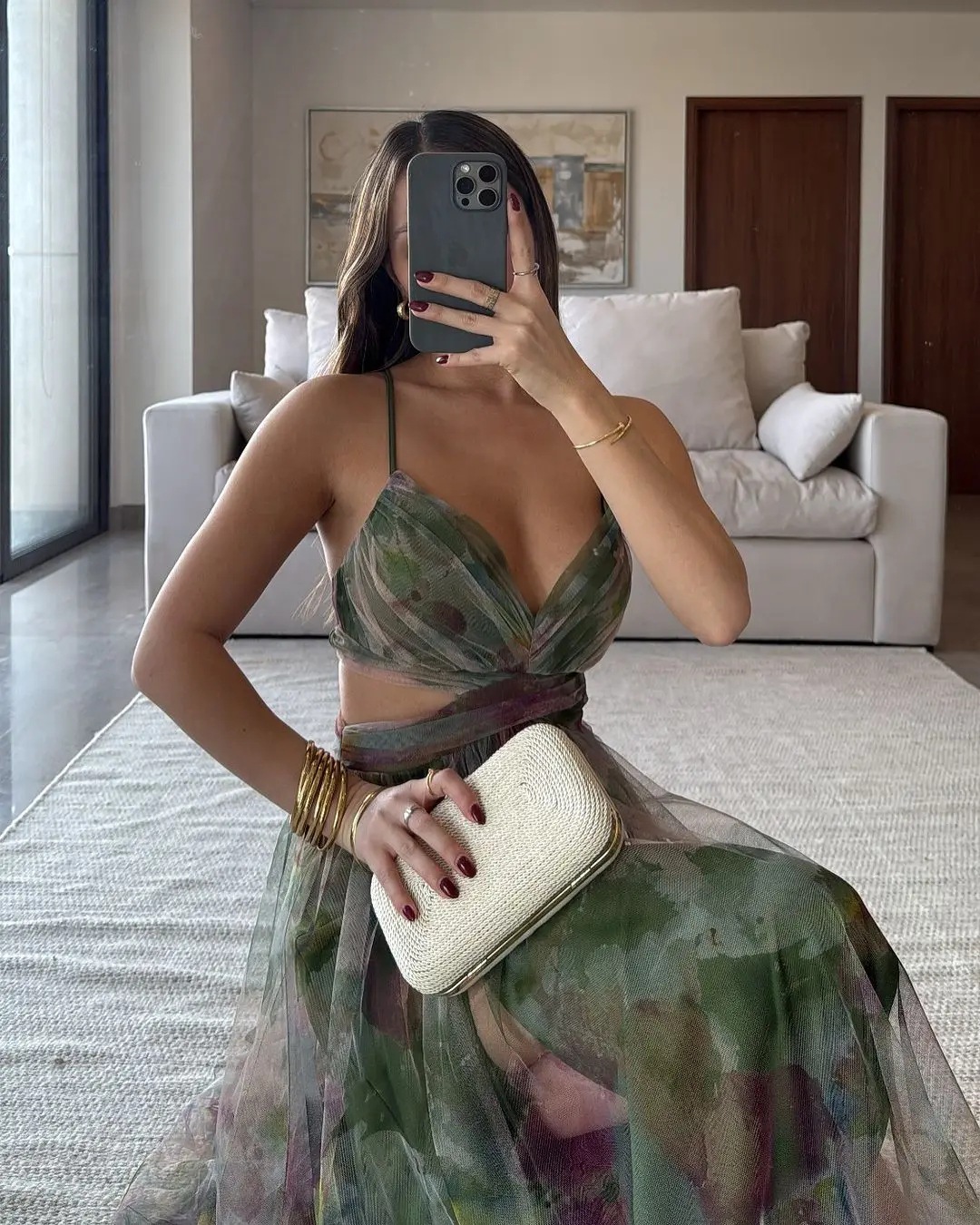 Women's Printed Mesh Dress - Army Green