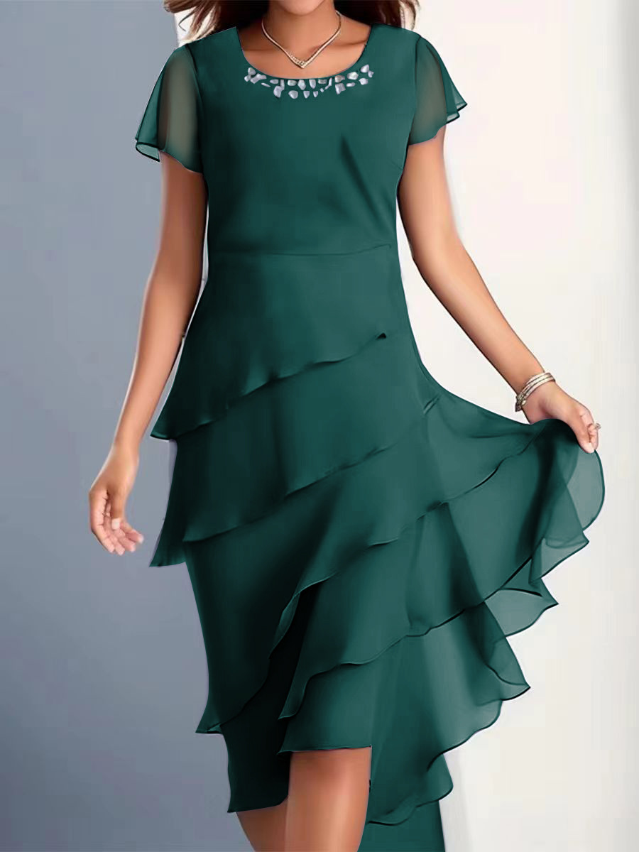 Chiffon Flounce Midi Dress - Green