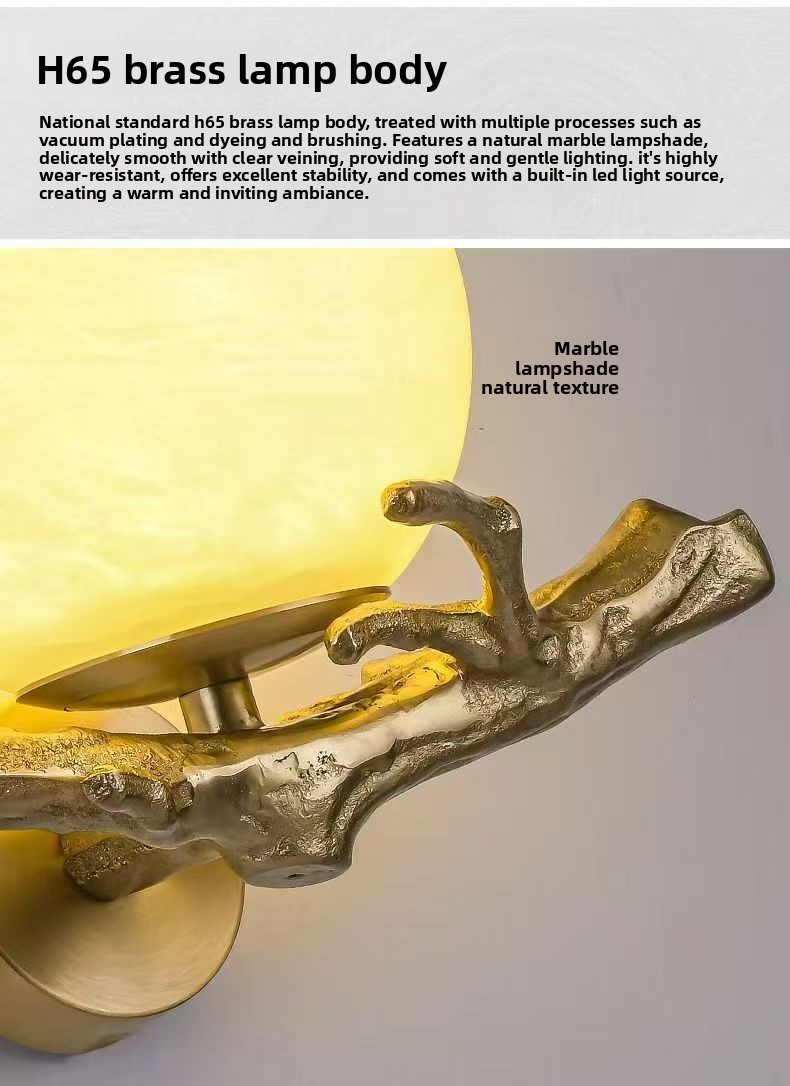 Copper & Marble Wall Lamp - Lit View