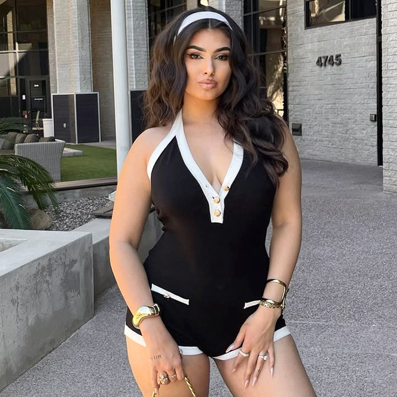 Contrast Color V-Neck Backless Jumpsuit – rear view showing lace-up back and color-block panels
