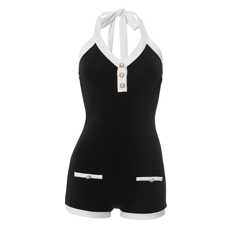 Contrast Color V-Neck Backless Jumpsuit – model wearing jumpsuit, editorial shot 3