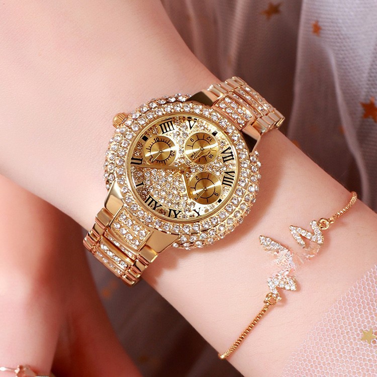 Women’s Elegant Diamond Accent Watch Three-Eye Dial Luxury Quartz Jewelry Clasp
