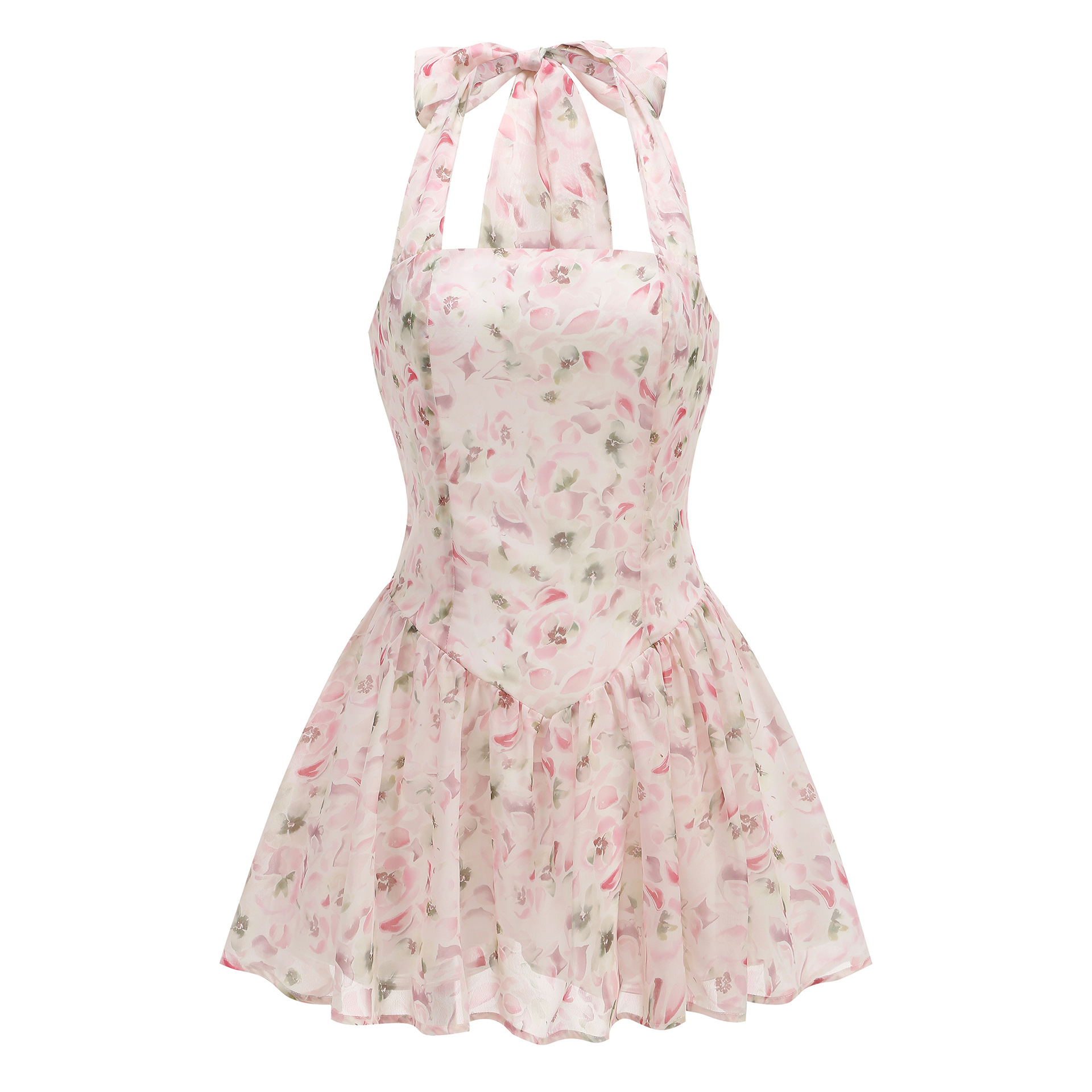 Women's Floral Halter Neck Chiffon Mini Dress