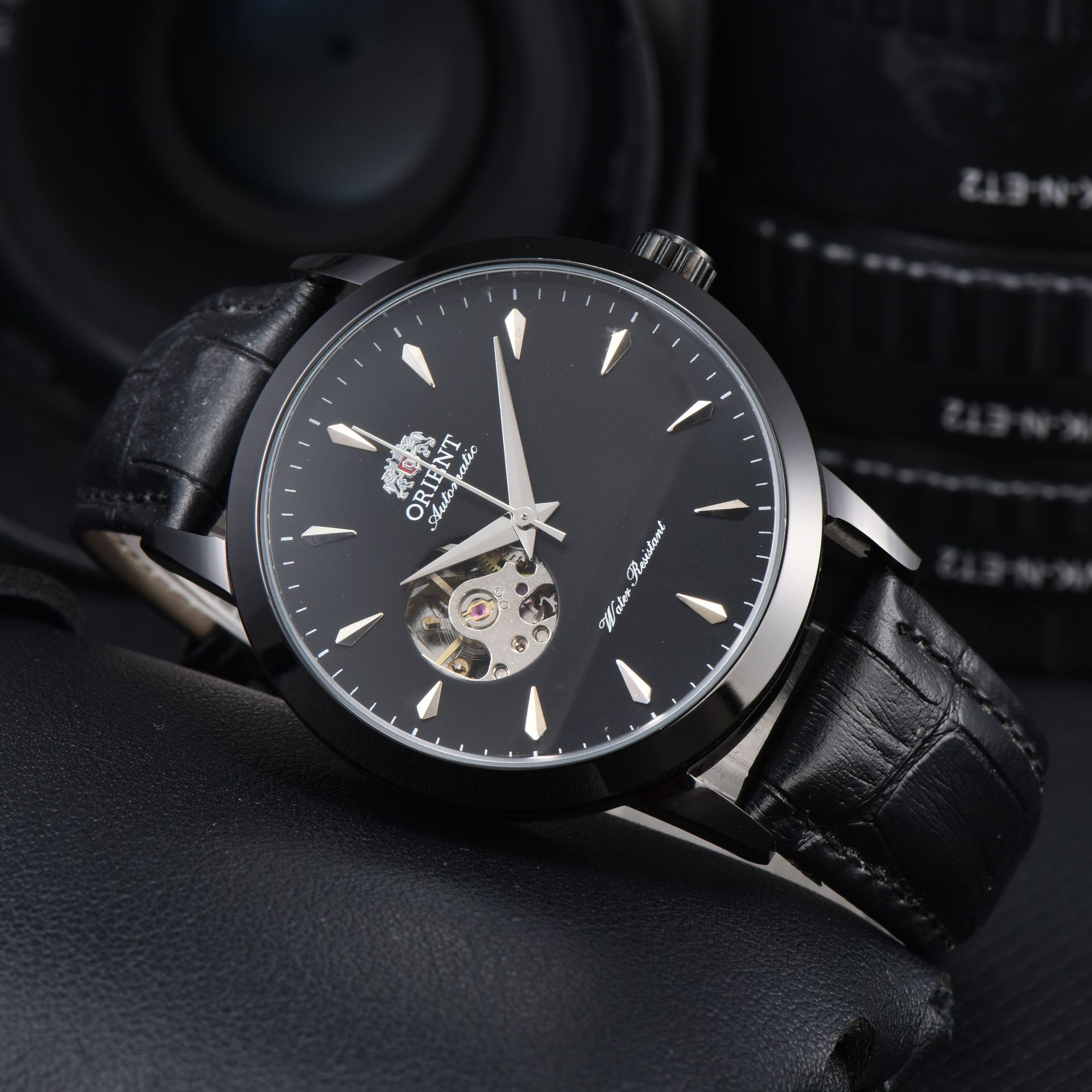 Men Mechanical Watch Lion Motif Dial Sapphire Crystal Leather Chronograph