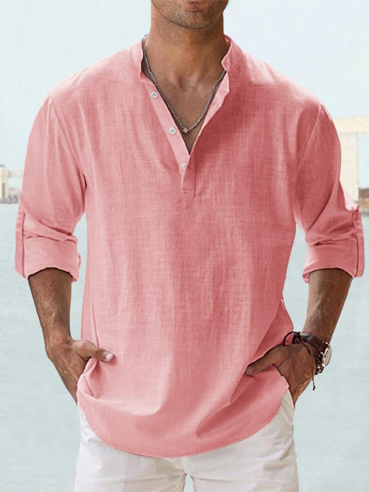 Mens Linen Collar Long Sleeve Cotton Shirt