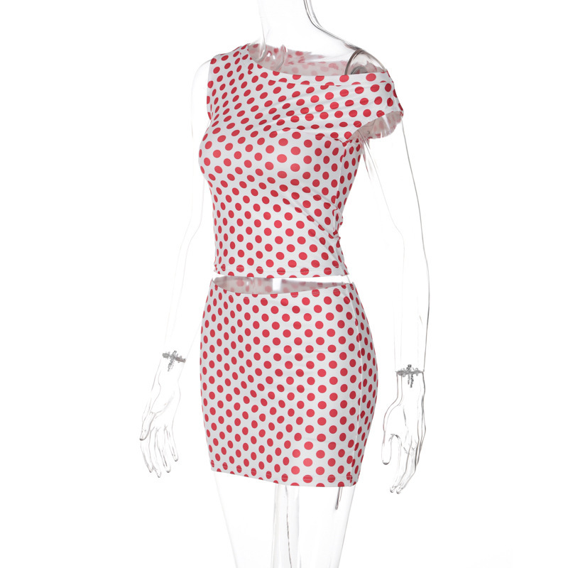 Sleeve Polo Dot Slim Fit Skirt Suit 8