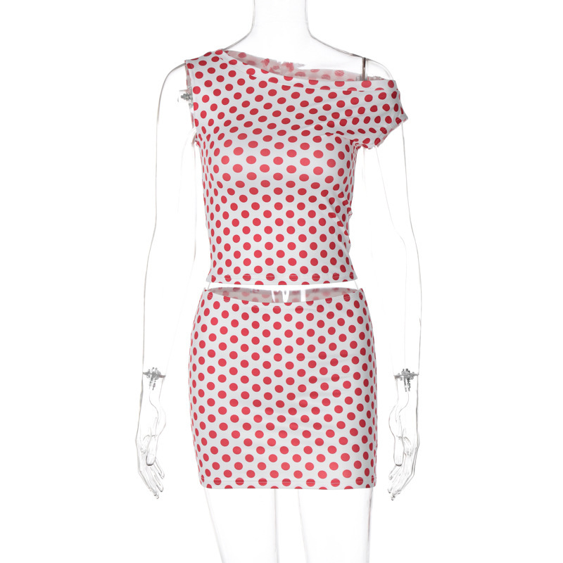 Sleeve Polo Dot Slim Fit Skirt Suit 7