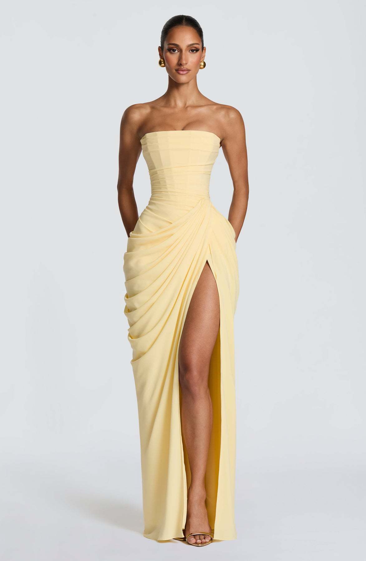 Off-shoulder ruffled slit dress