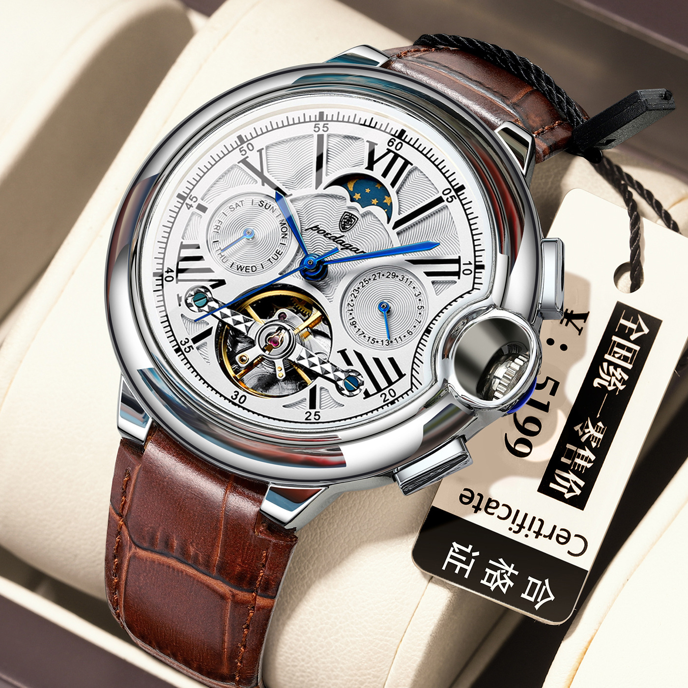 Luxury Men Tourbillon Automatic Mechanical Watch Leather Strap Waterproof