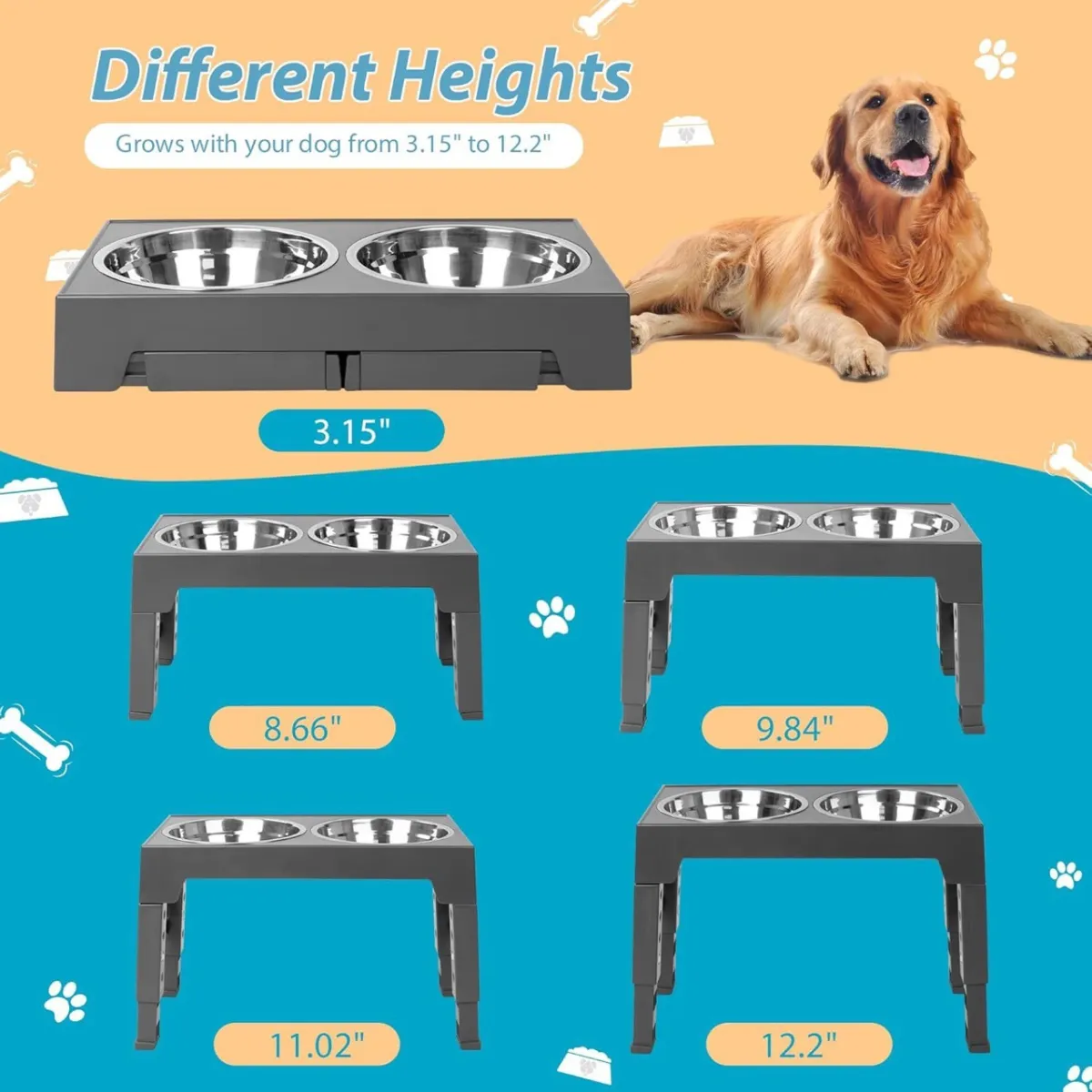 Adjustable Height Pet Feeding Bowl with Stainless Steel and Slow Feeder